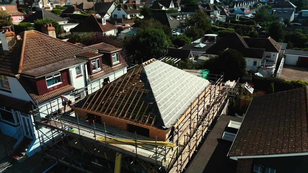 The new roof structure on the Brighton bungalow from the air