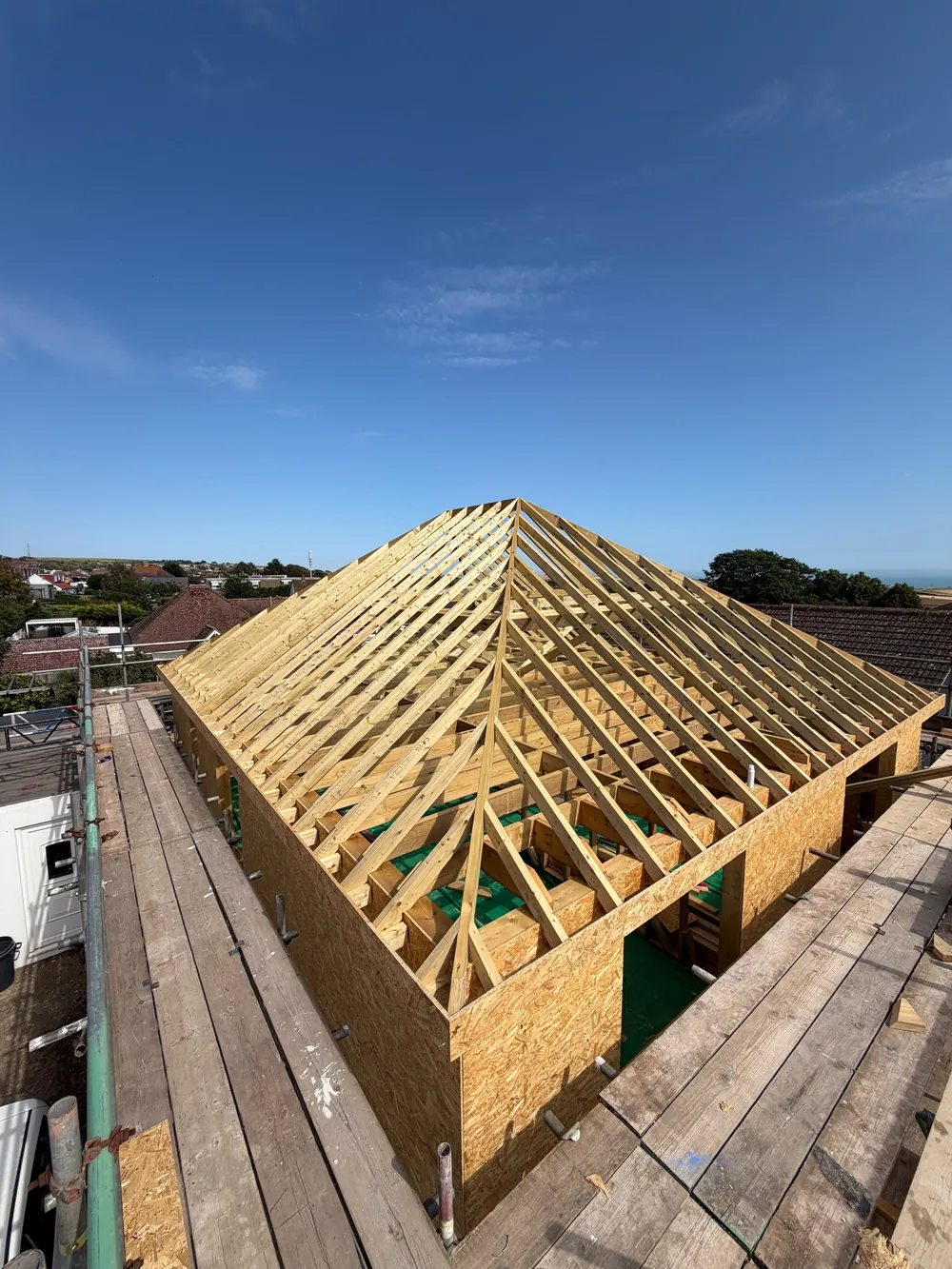 The new hipped roof structure from above