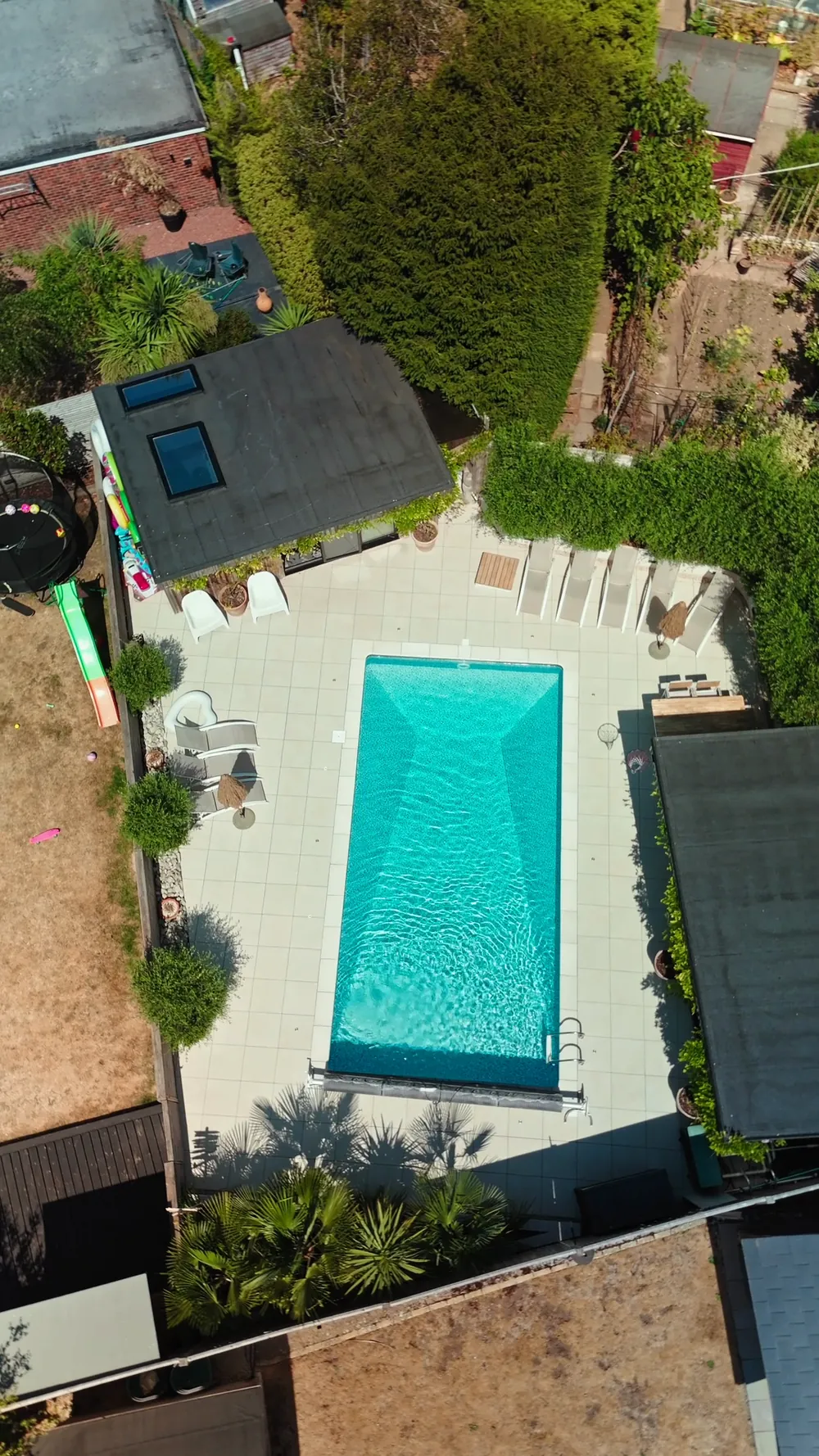The refurbished garden and pool from the air